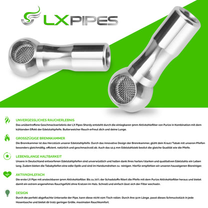 LX Pipes SHORDY - Edelstahl Rauchpfeife Pur Pfeife mit 9 mm Einsatz für Aktivkohlefilter